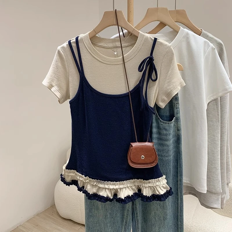 假两件拼接吊带短袖T恤女2025夏季修身木耳边芭蕾风拼色外穿上衣