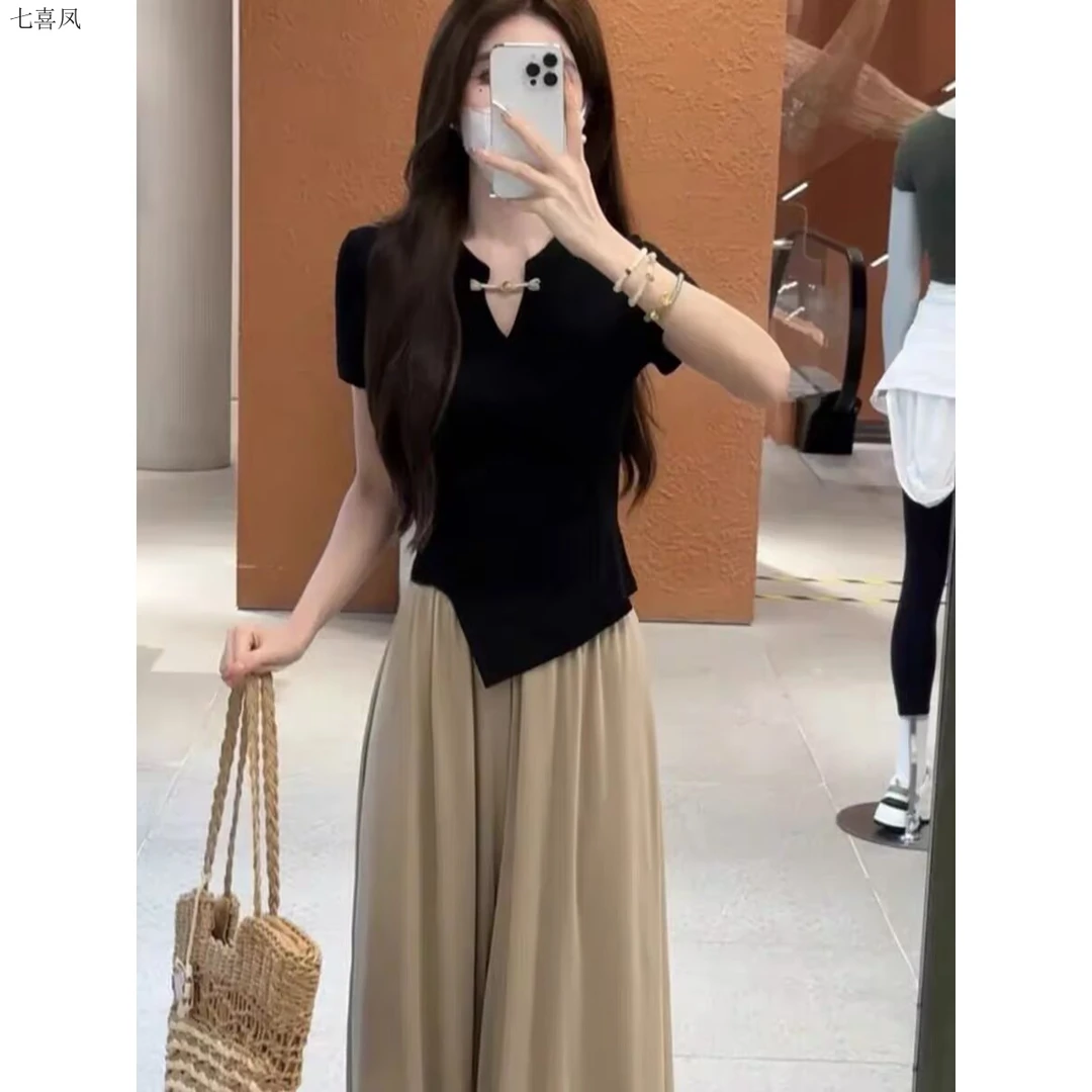 夏季新款修身显高裤裙套装女不规则垂坠感上衣潮流时尚百搭棉质两