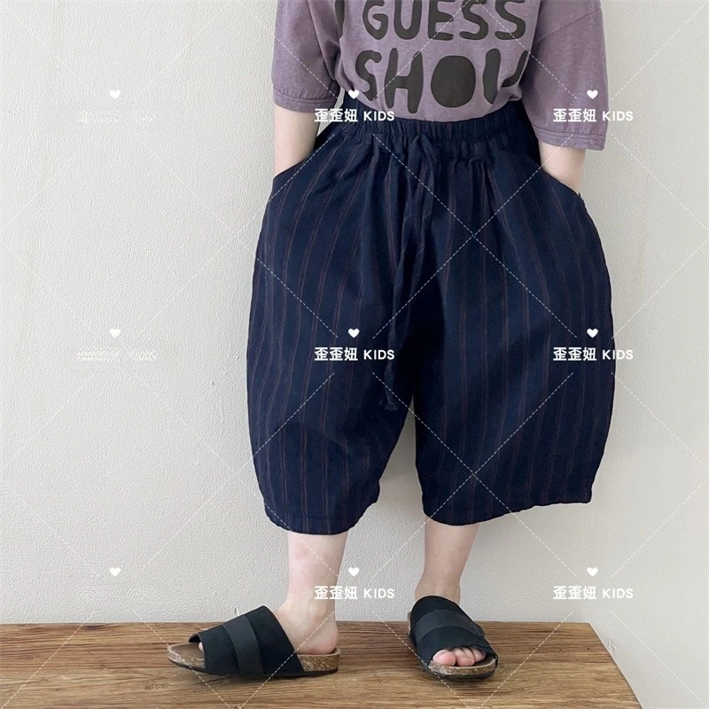 【歪歪妞童装】35153儿童棉麻竖条宽松阔腿裤日系男女童七分裤