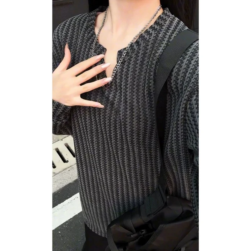 雪尼尔编织提花V领长袖t恤男款秋季慵懒松弛感衬衣高级感内搭打底