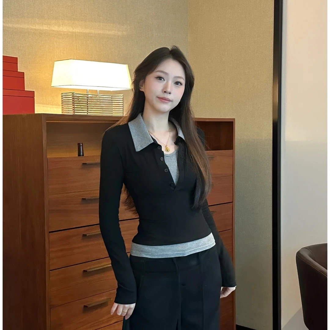 小婉薇 假两件POLO黑灰百搭显瘦辣妹性感秋冬T恤打底上衣