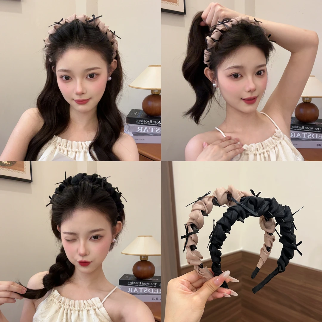 韩版甜美褶皱蝴蝶结发箍高颅顶带齿头箍日常百搭压发发饰