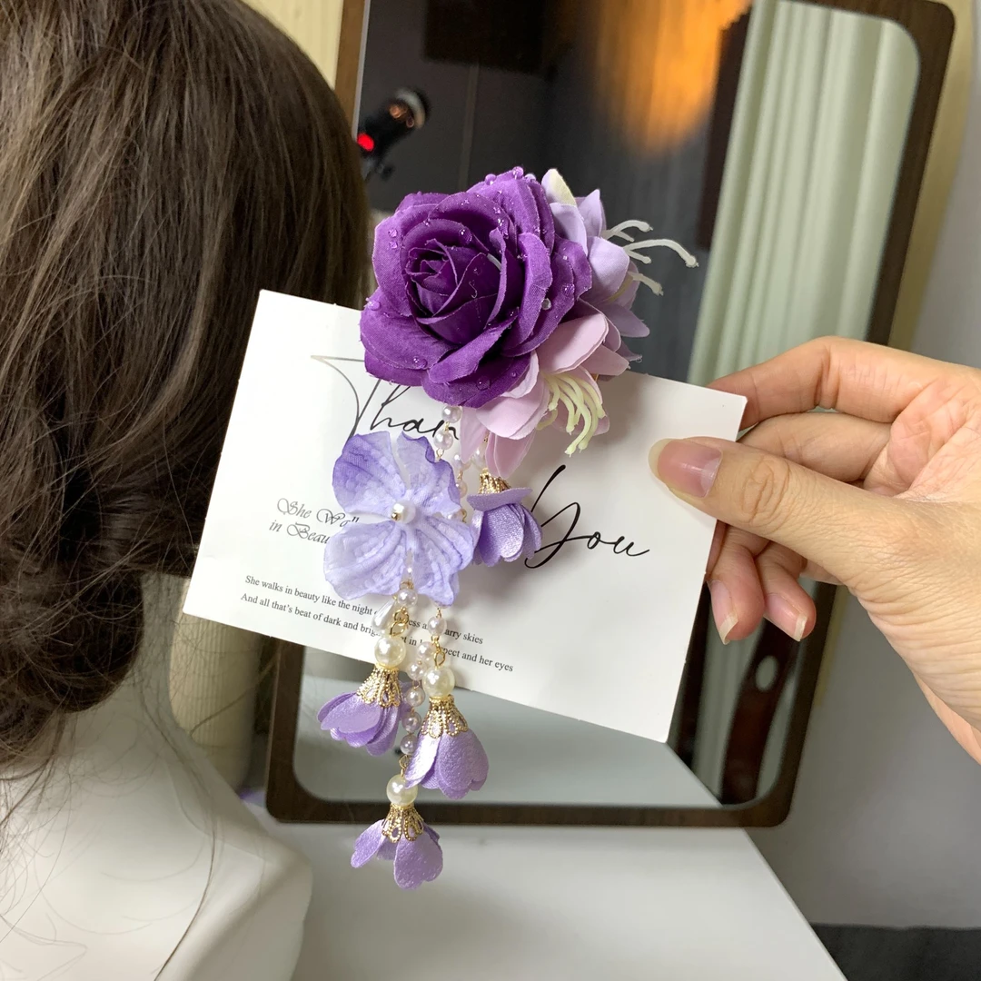 原创气质紫色花朵发夹氛围流苏款设计感发饰发卡鸭嘴夹百搭古风