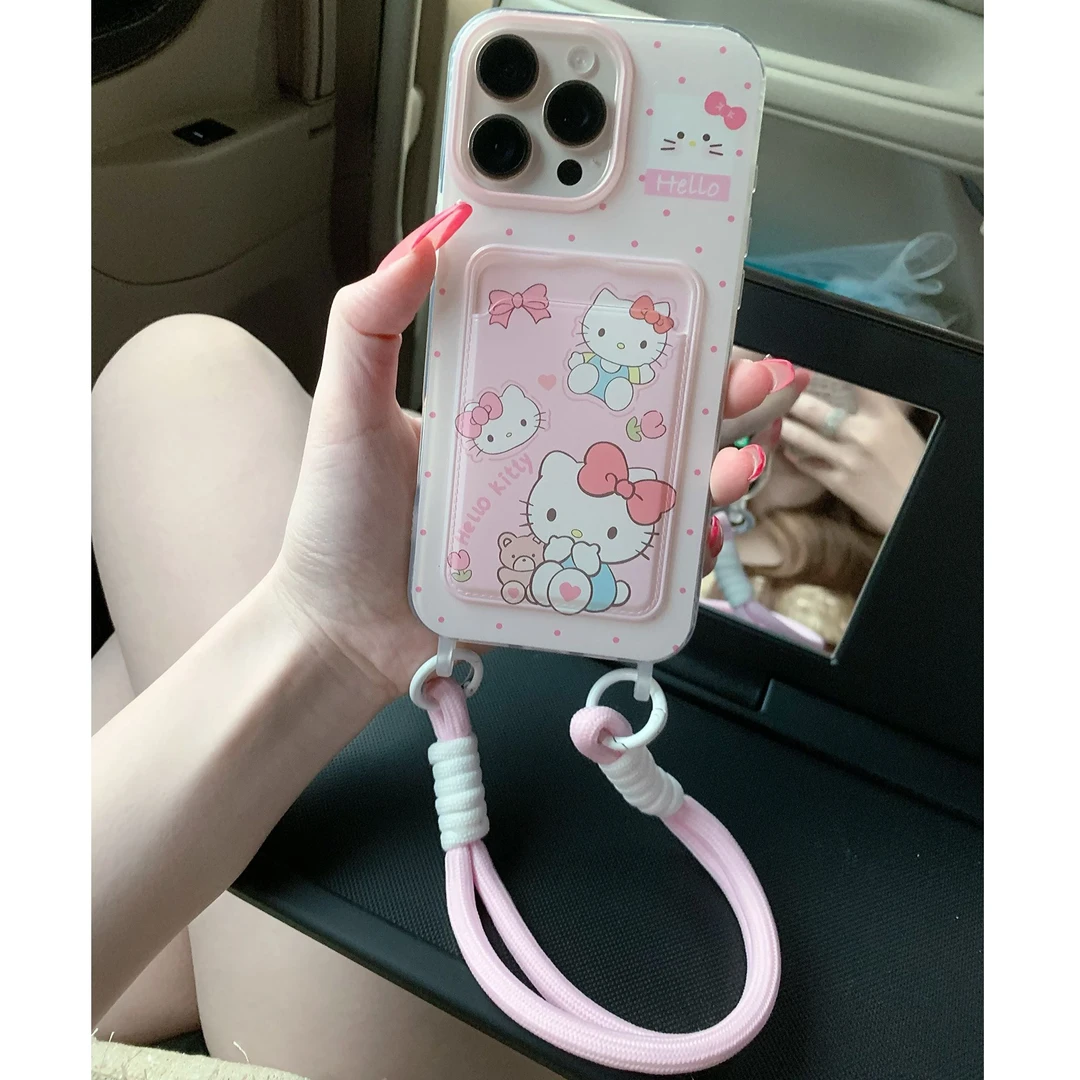 粉可爱kitty猫背卡包iphone防摔手机壳适用iPhone16promax苹果15