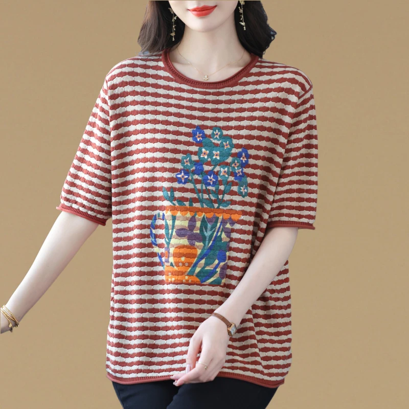 大码胖mm印花冰丝针织短袖t恤女夏季薄款宽松休闲条纹遮肚子上衣
