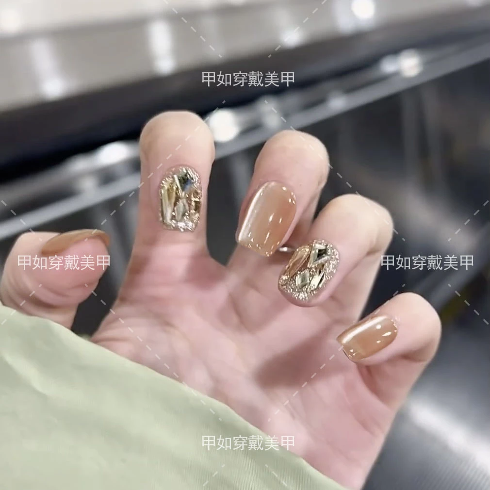 【短梯甲】冰美人香槟色猫眼穿戴甲美甲贴可拆卸假指甲