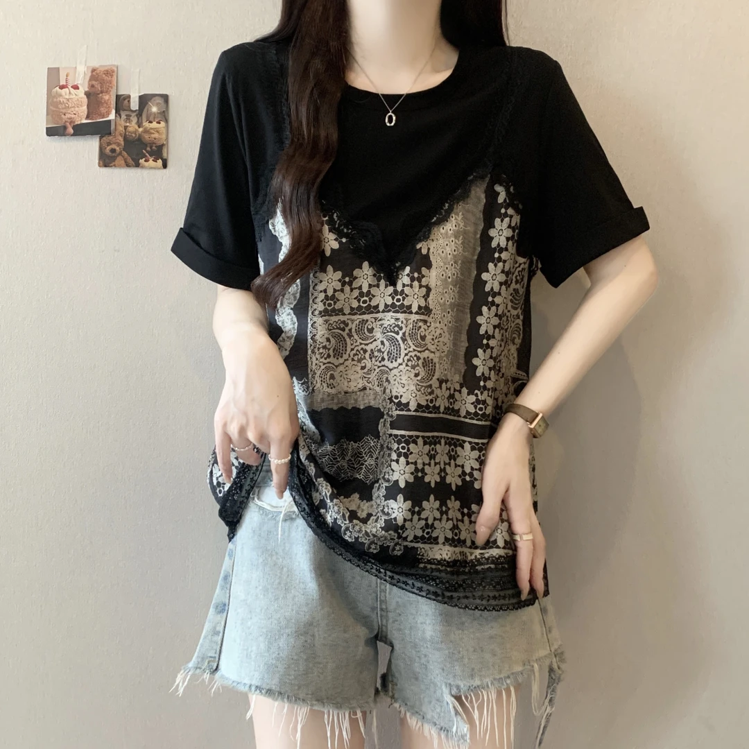 大码女装遮肚子法式碎花假两件短袖T恤女2025夏胖mm宽松显瘦上衣