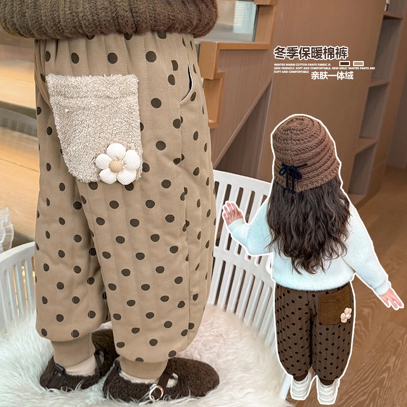 女小童圆点花朵棉裤秋冬季女宝宝夹棉休闲裤冬装小女孩加绒运动裤