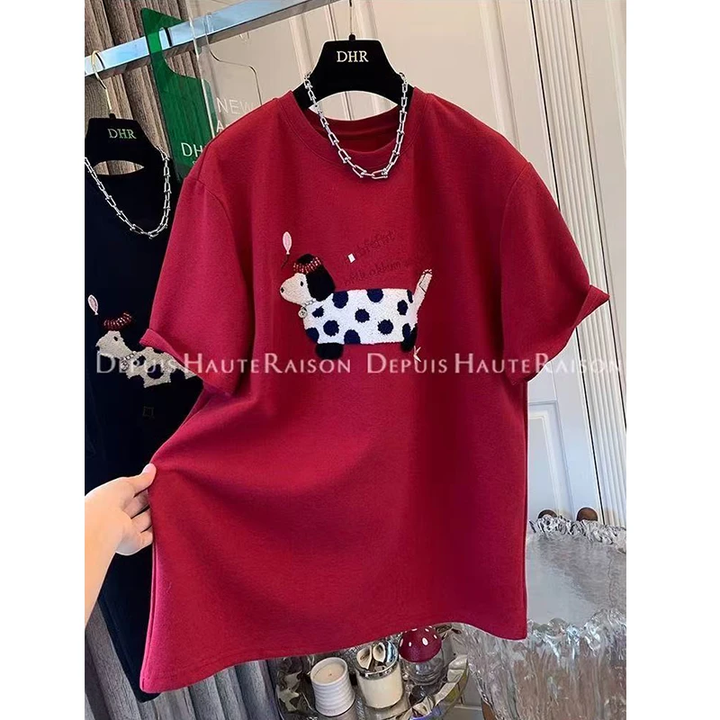 胖妹妹240斤大码毛巾绣狗狗加厚磨毛短袖上衣女2025春秋冬内搭T恤