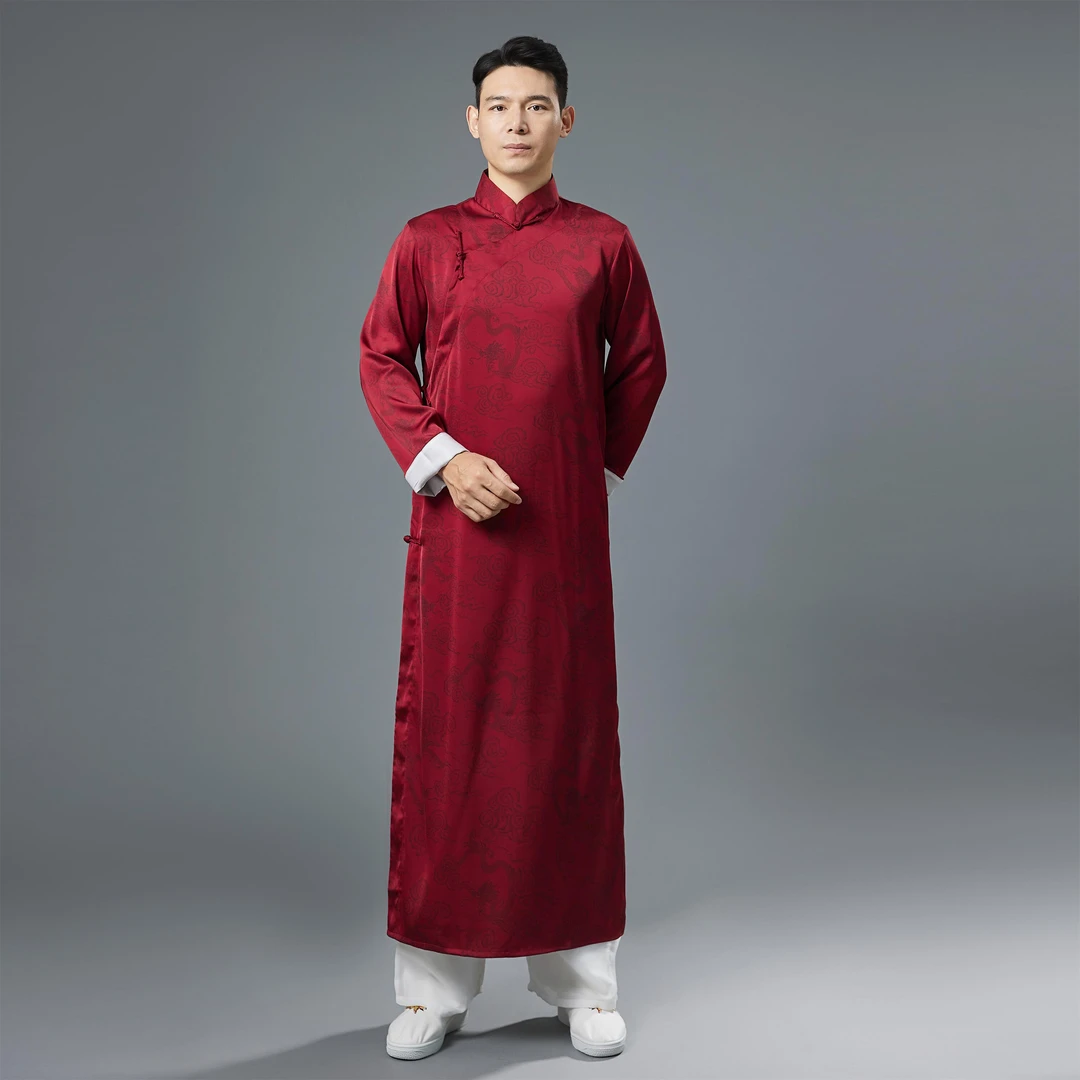 民国相声服长衫演出大褂高级感唐装中式盘扣马褂快板酒红长袍外套