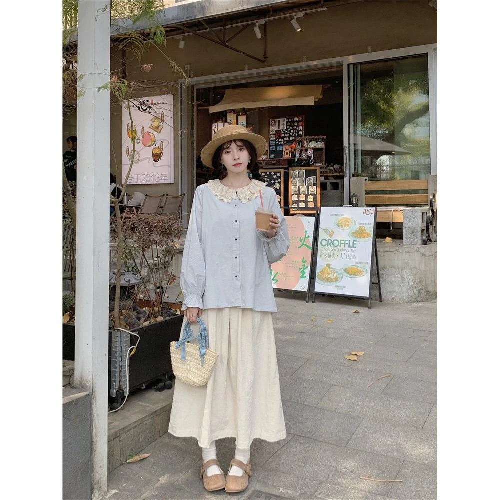 实拍~双层花边领衬衫日系文艺纯色设计感衬衣棉麻简约半身裙