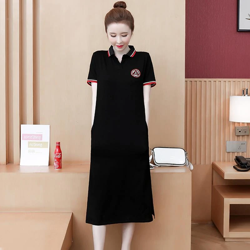 过膝连衣裙女夏季刺绣减龄大码显瘦气质休闲运动中长款恤裙