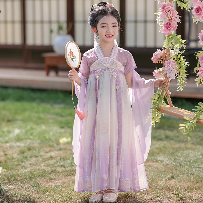 【紫蝶】汉服女童夏季新款新中式短袖中国风小女孩古装演出服薄款