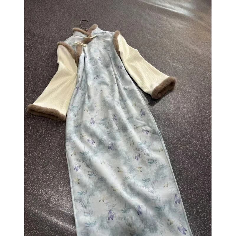 1563 蓝色 米色拼接袖 灰毛领 【蓝蝴蝶】 旗袍