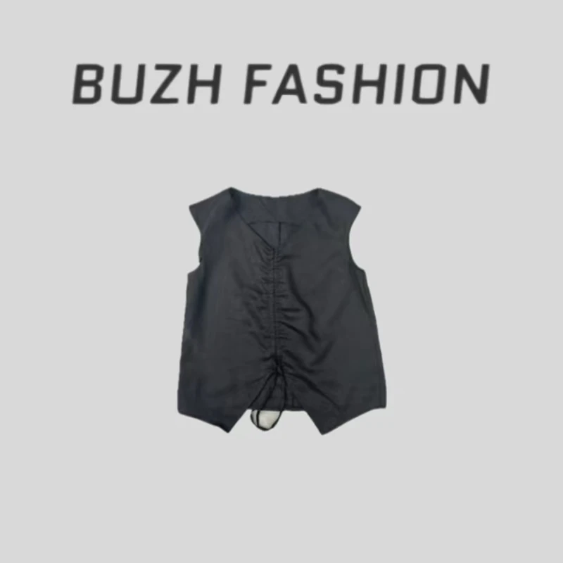 BUZH夏季新款设计感时尚休闲宽松麻抽绳无袖背心