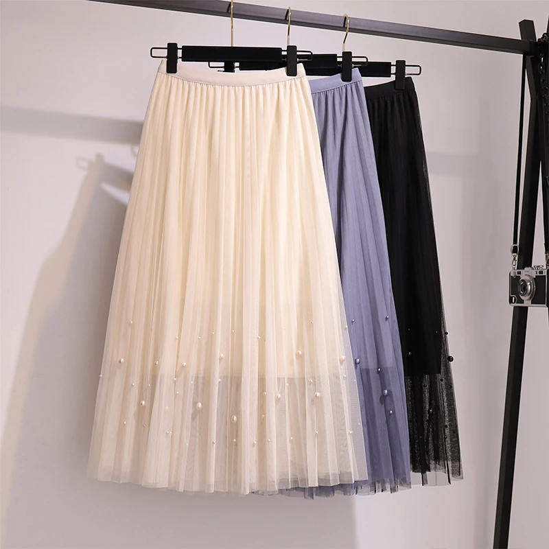 春夏网纱半身裙2025新款长裙女高腰显瘦百褶裙中长款珍珠纱裙