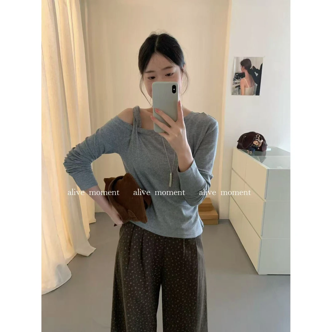 J-51283#韩系时尚斜肩扭结设计感显瘦百搭上衣