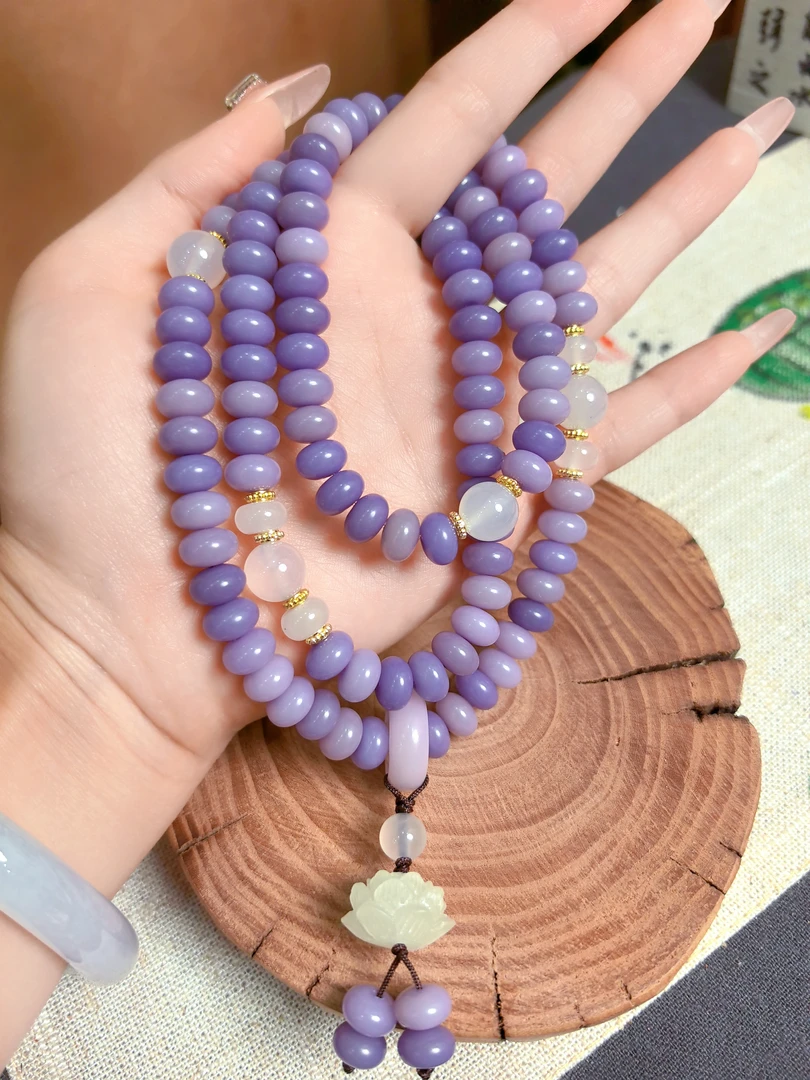 （薰衣草梦）108颗保真菩提薰衣草紫项链多圈手链开口莲_配盘玩袋