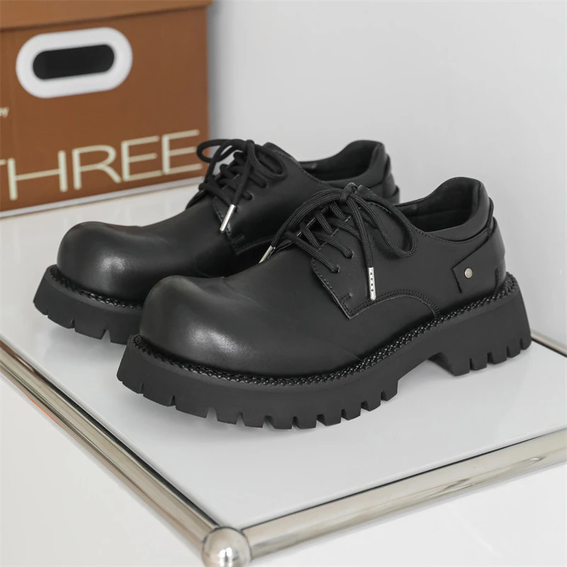 男士休闲皮鞋新款大头翘头德比鞋男款秋季厚底增高英伦风工装鞋子