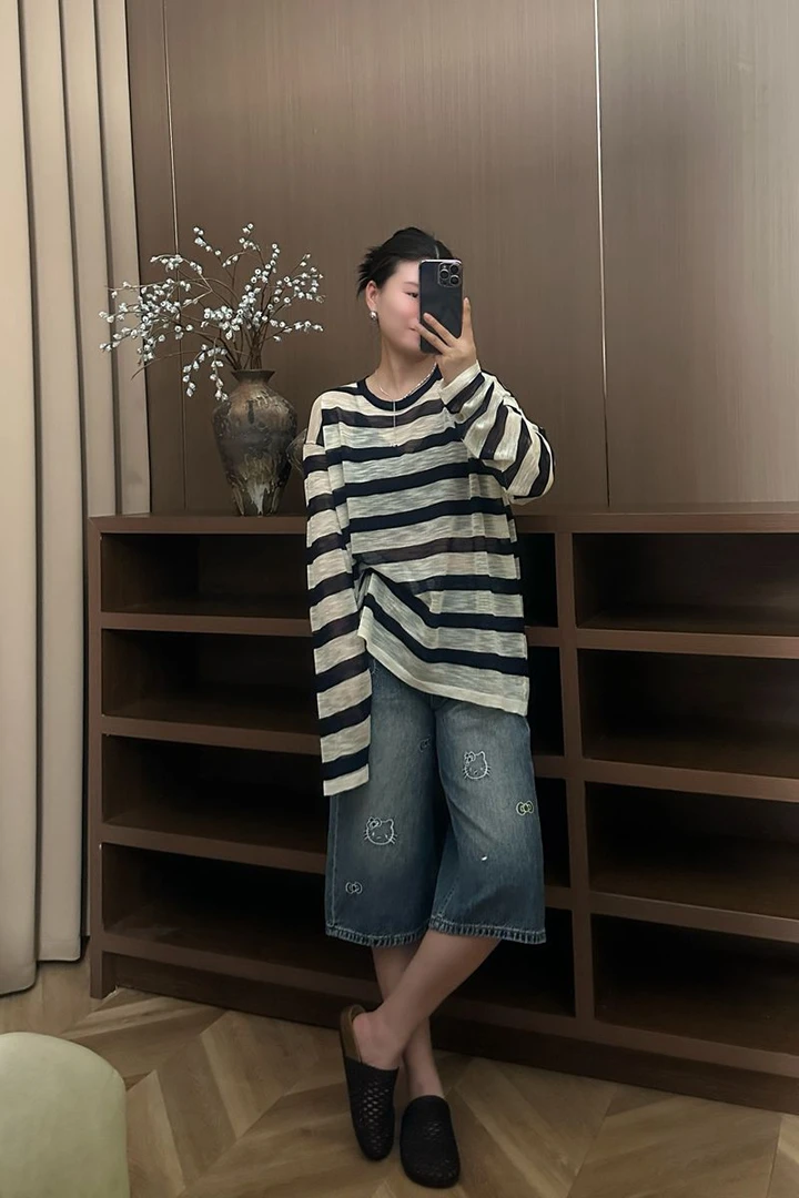 2025欧版大版薄款长袖条纹女夏季防晒毛针织衫休闲上衣圆领