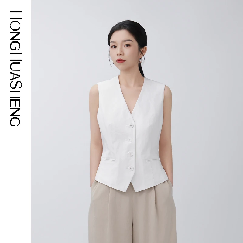 HONGHUASHENG2025早春时尚通勤气质设计感白色收腰V领无袖马甲女