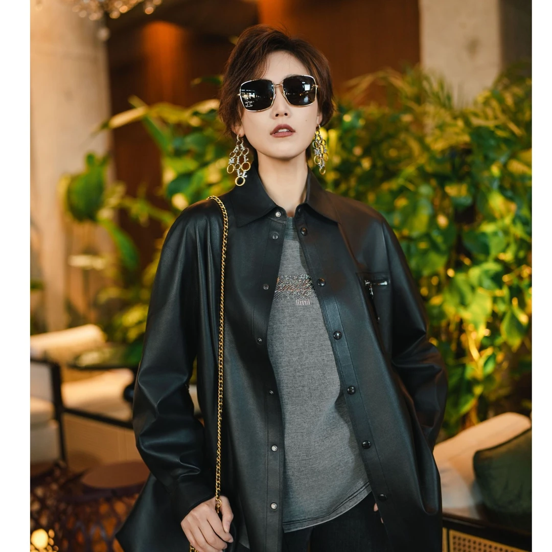 limil/丽米儿高订秀场款极简风质感外套式皮衬衫女9300012