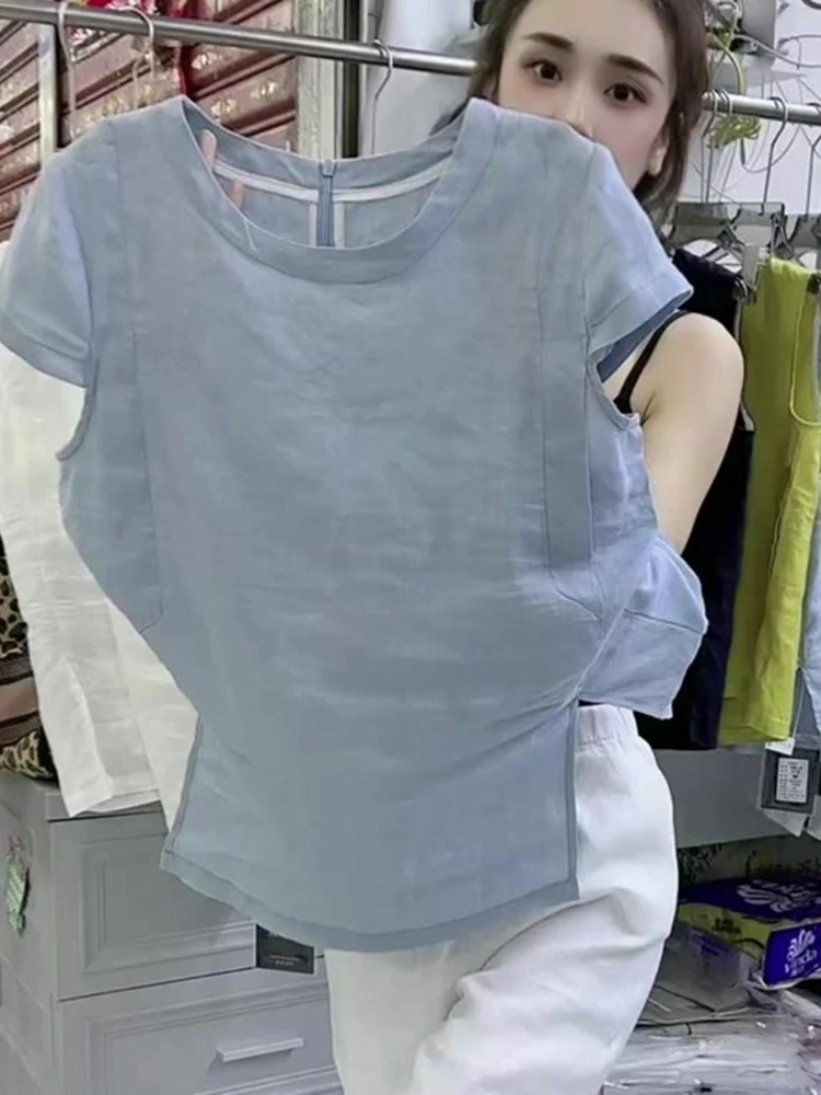 夏季新款超好看蓝色短袖衬衫薄款独特漂亮极简风休闲宽松圆领上衣
