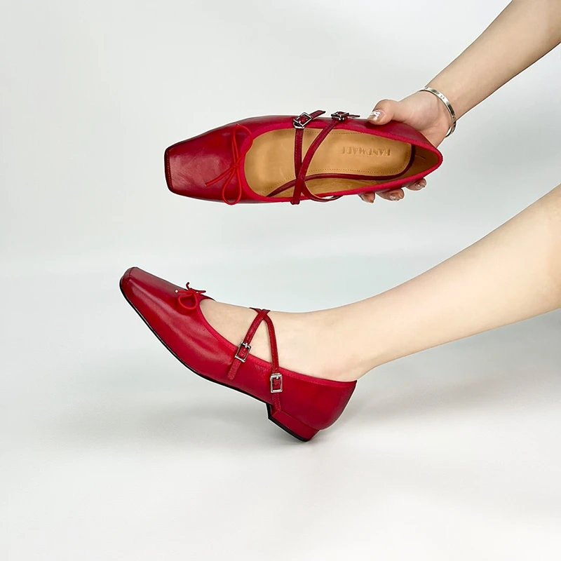 1.5CM法式小众软底舒适奶奶鞋春秋新款方头平底浅口一脚蹬小皮鞋