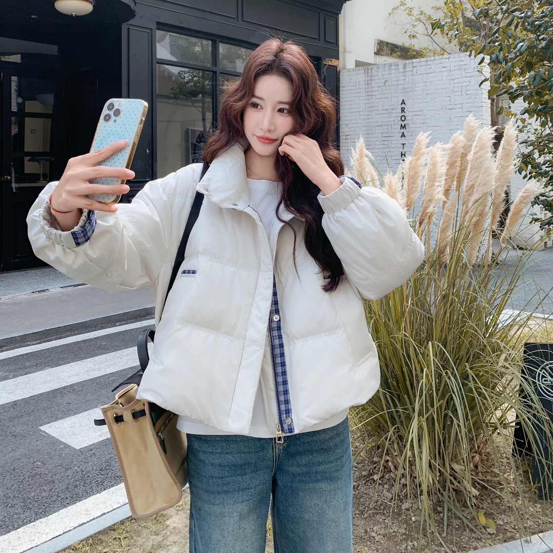 韩系格纹拼接立领短款羽绒服女2025冬季新款小个子加厚保暖面包服