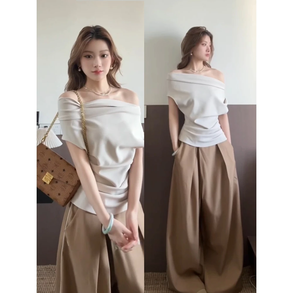 parkyeon夏季新款设计感不规则露肩T恤上衣高级感阔腿休闲裤套装