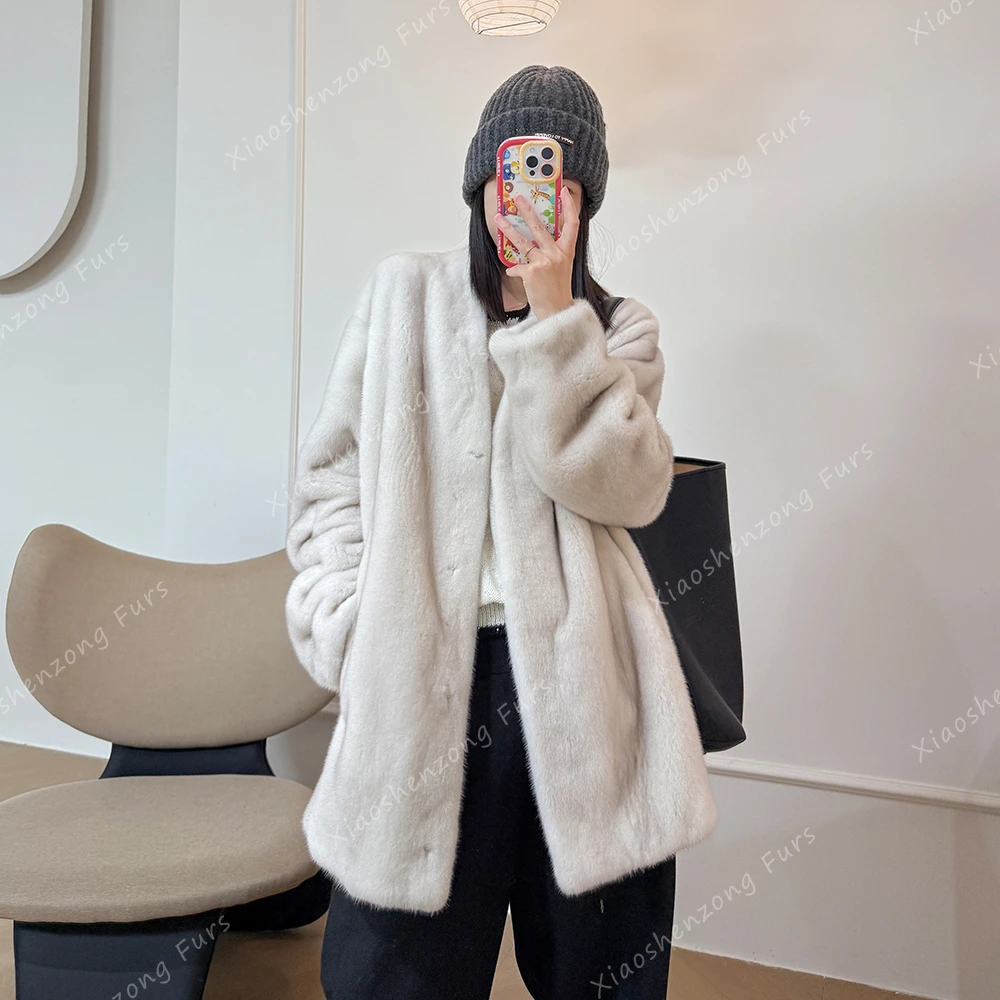 2025新款进口天鹅绒水貂外套女V领口袋2519