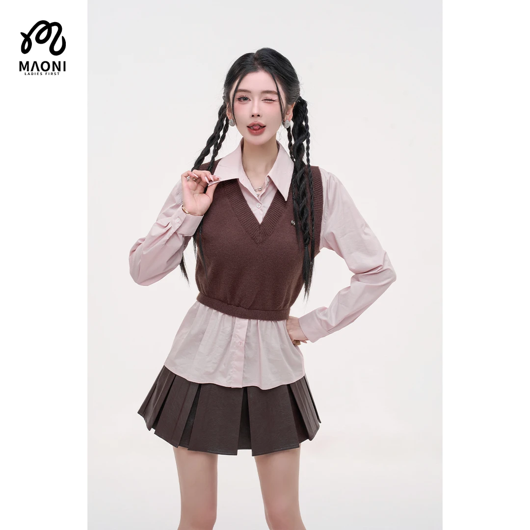 毛妮LADIEST【兼收并蓄】假两件长袖衬衫拼接针织衫背心L2306