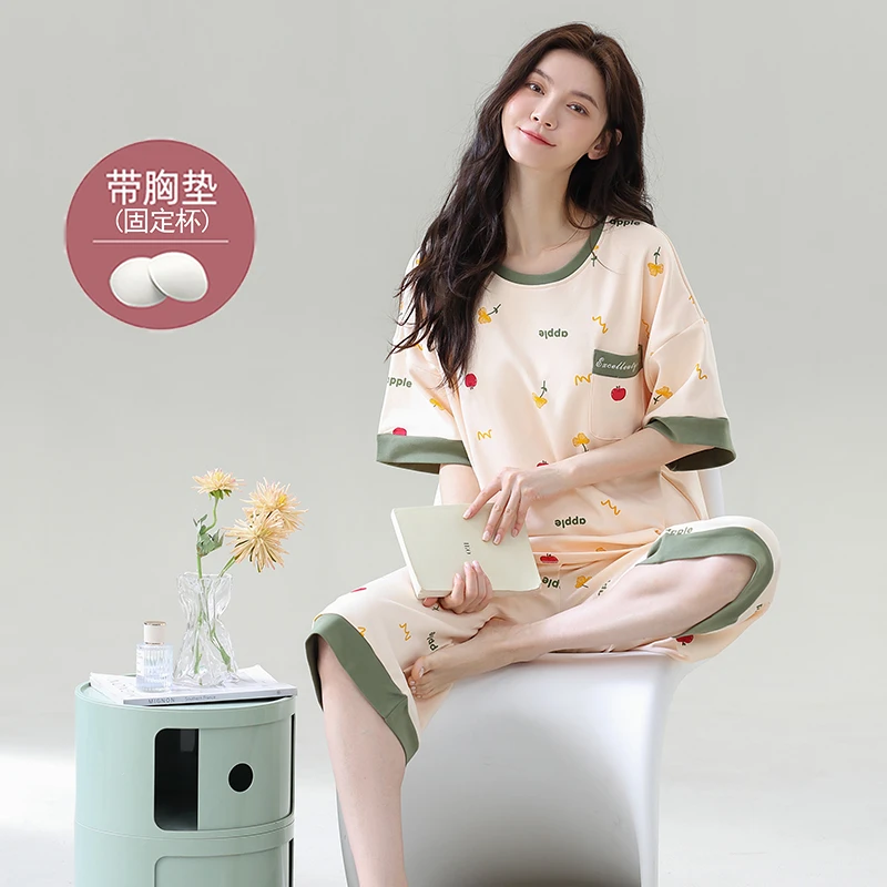 美怡典夏季睡衣女甜美舒适宽松短袖家居服带胸垫可外穿带胸垫一体