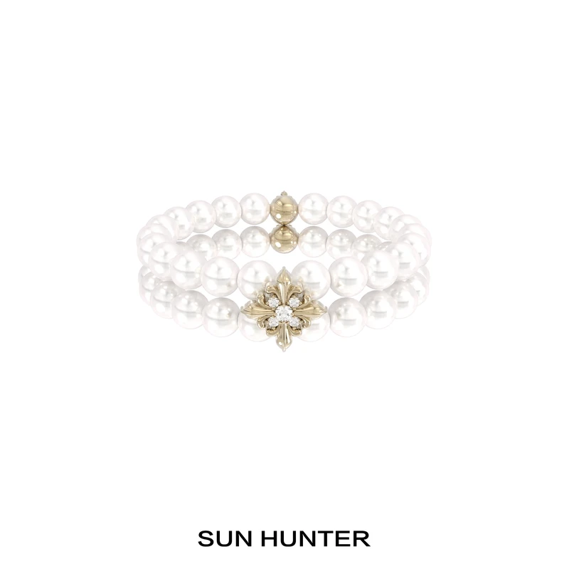 铜合金手链 三横SUN HUNTER原创鸢尾花双层珠珠手串轻奢设计感女