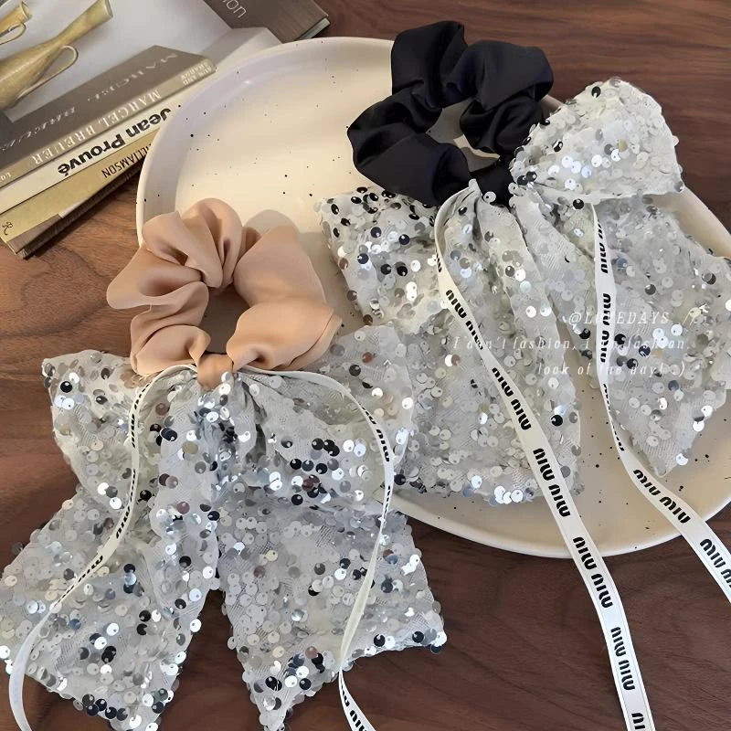 精致千金感~亮片飘带蝴蝶结缎面发圈女百搭头饰大肠发圈头花发饰