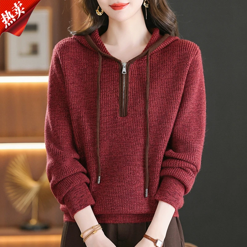 【原版正品】羊毛衫女连帽秋冬宽松半拉链毛衣时尚洋气加厚针织打底