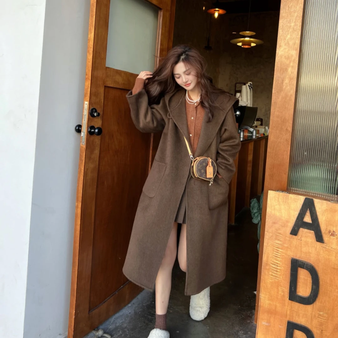 伊迪卡双面羊毛大衣连帽中长款韩系慵懒百搭显瘦女装反季清仓