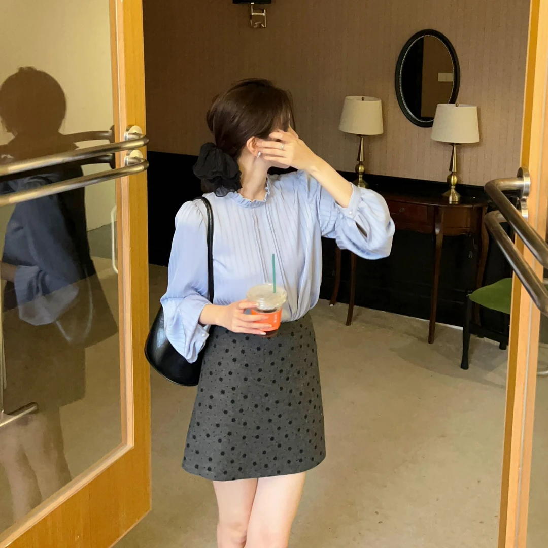 【芝士Cheese】南达新贵 法式千金暗纹缎面条纹花边显瘦设计感衬衫