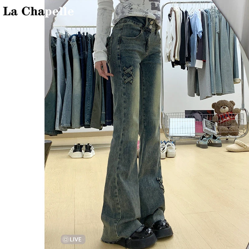 拉夏贝尔复古高腰微喇牛仔裤女2025春季新款蝴蝶结弹力马蹄喇叭裤