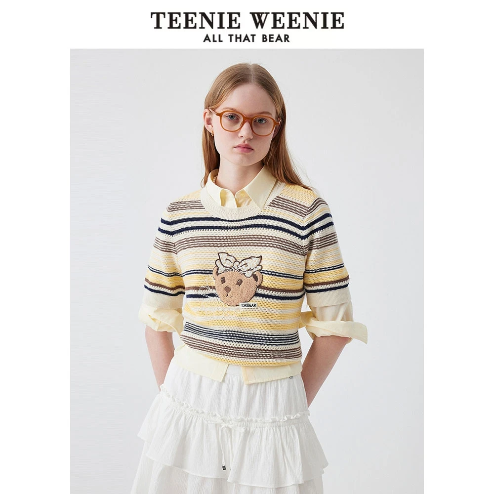 TeenieWeenie小熊25夏季新款条纹撞色圆领毛衣短袖TTKW252406T