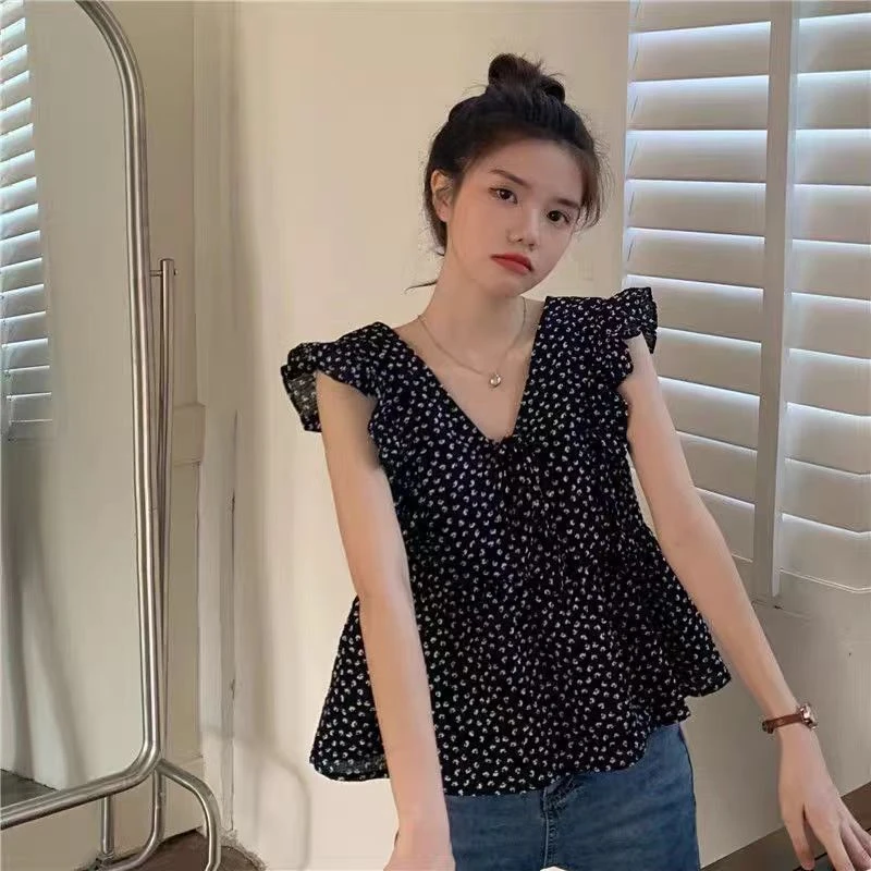 荷叶边无袖韩版碎花夏季V领小众衬衫宽松女装小衫