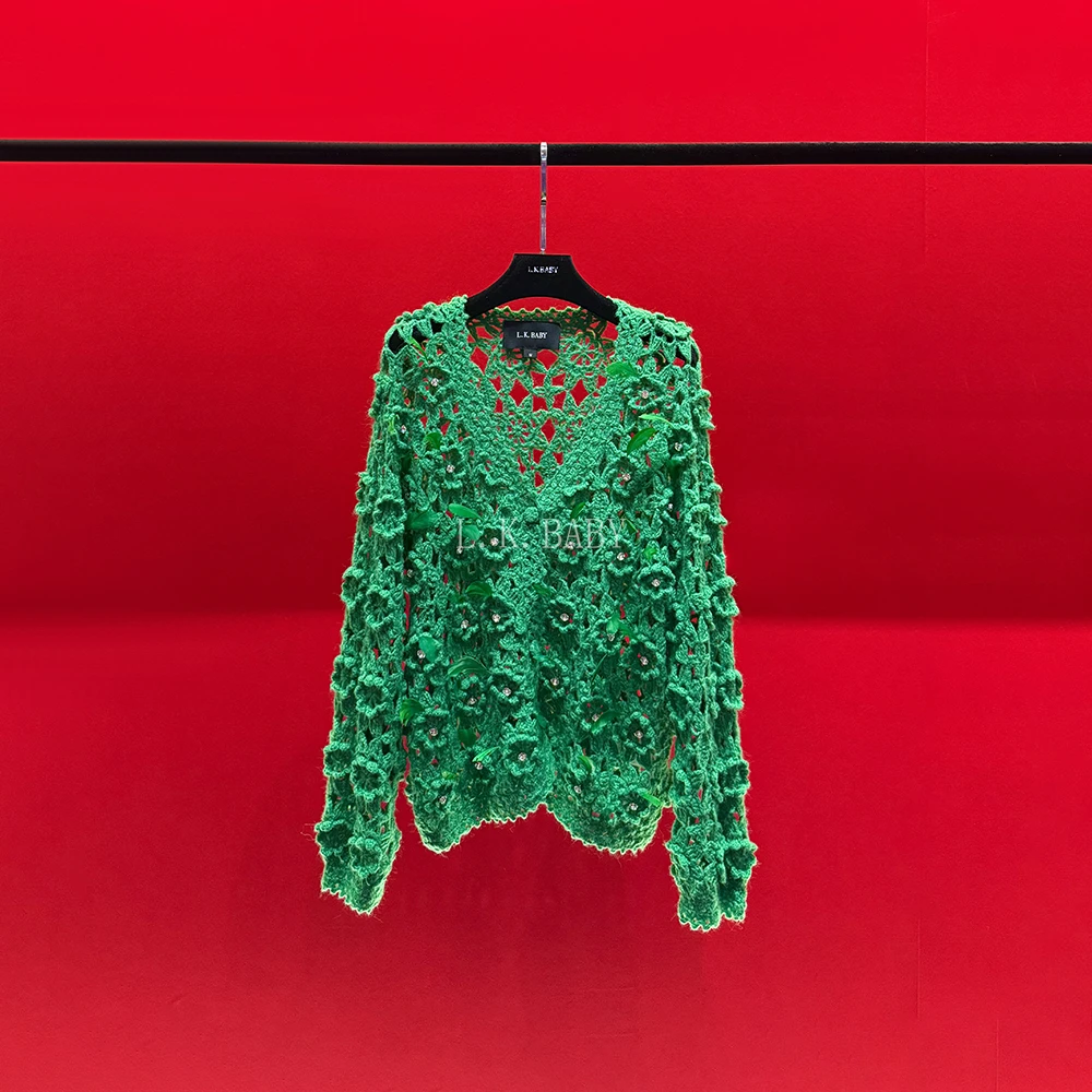 【L.K.BABY】彼岸花开 法式重工羽毛立体花卉别致镂空钩花毛衣外套