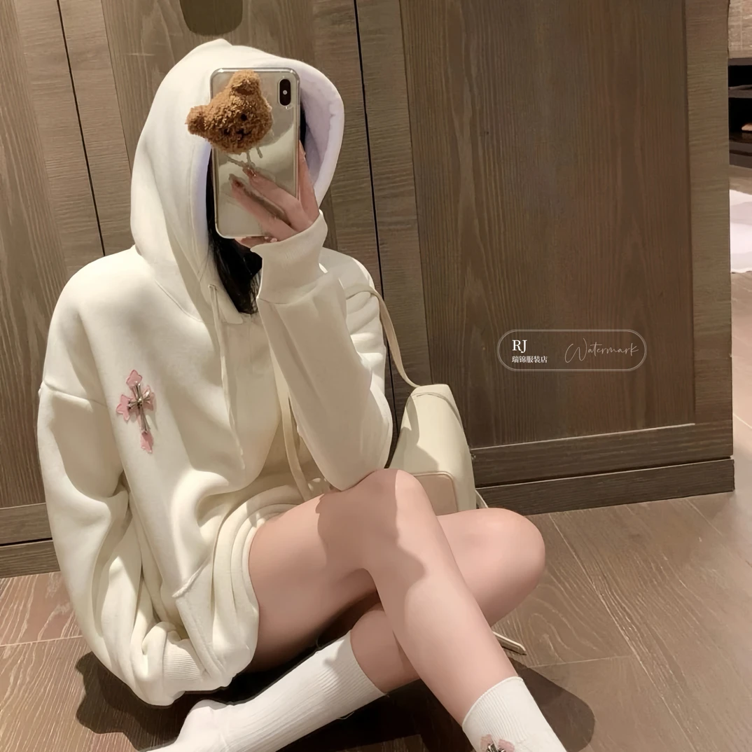 【RJ】秋冬新款连帽卫衣刺绣长袖宽松休闲时尚新款网红洋气炸街女装