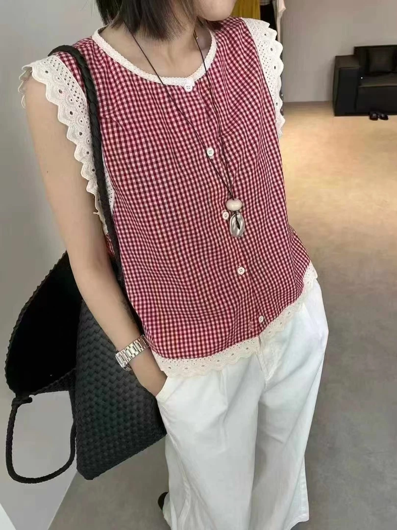 欧货蕾丝花边格子无袖衬衫女夏装2025新款设计感时尚A字娃娃衫潮