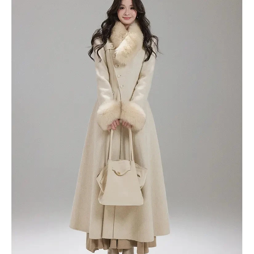 复古千金感气质大毛领毛呢外套女秋冬新款高级感温柔收腰呢子大衣