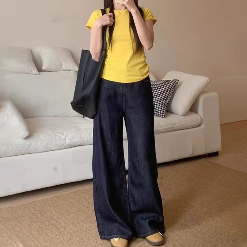拉夏贝尔复古阔腿牛仔裤女时尚穿搭高腰直筒垂感秋季洋气冰丝裤子