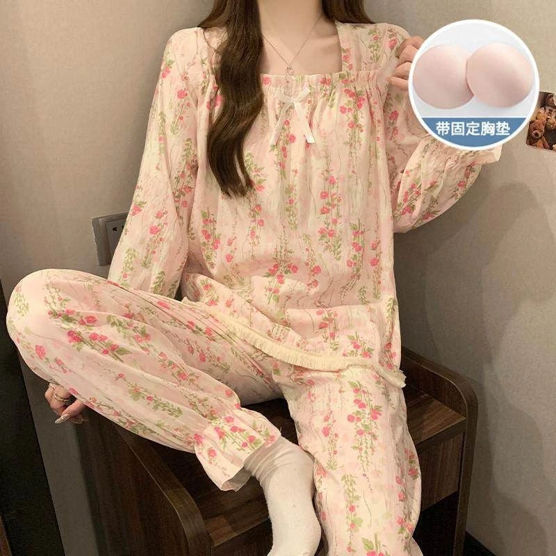 2024年春秋款长袖睡衣女士秋天云朵棉公主风带胸垫甜美少女家居