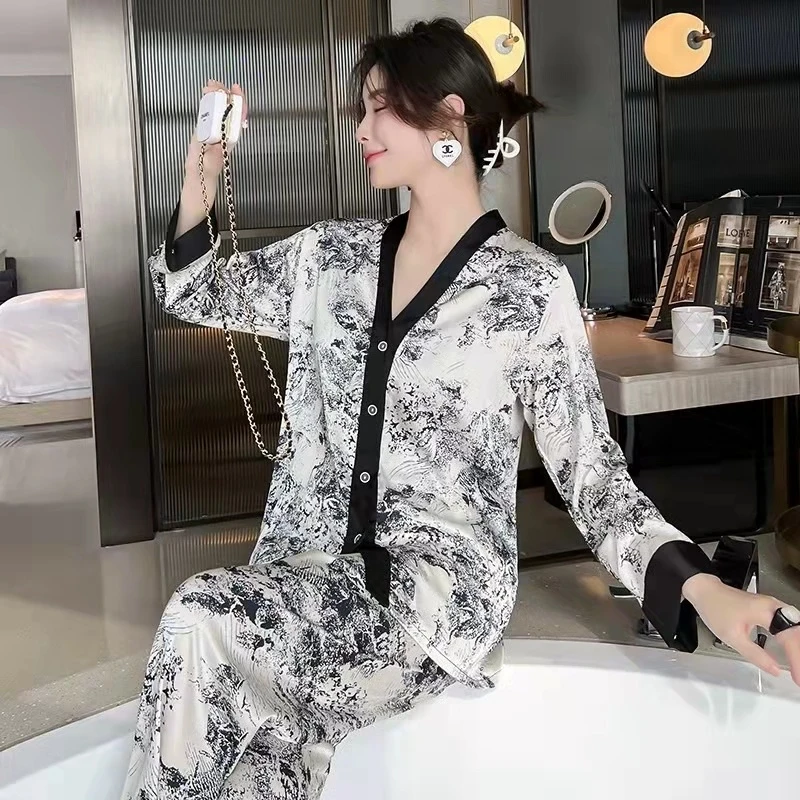 夏季薄款冰感国潮风家居服水墨画居家冰丝睡衣四件套女夏季休闲女
