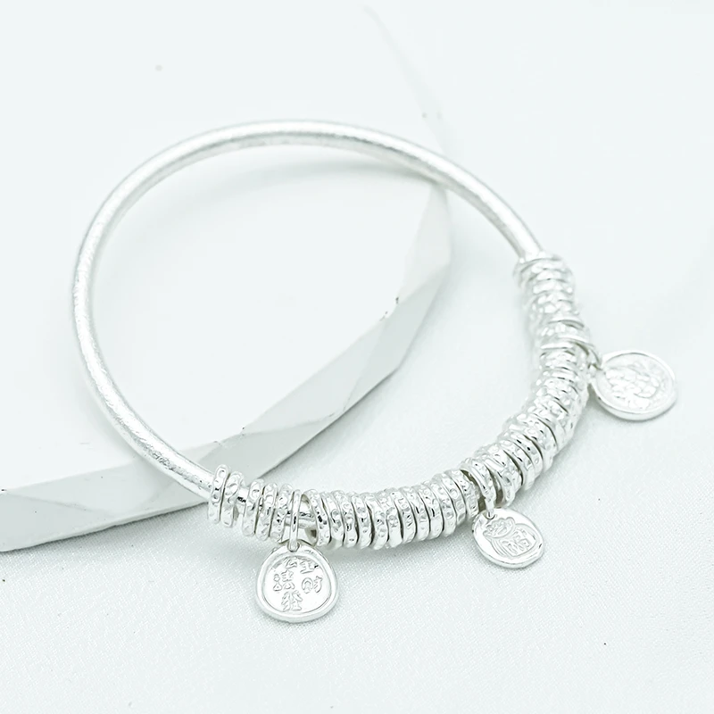 足银手镯 假一赔十足银9999亮面盘缠闭口手镯女实心黄财神复古镯