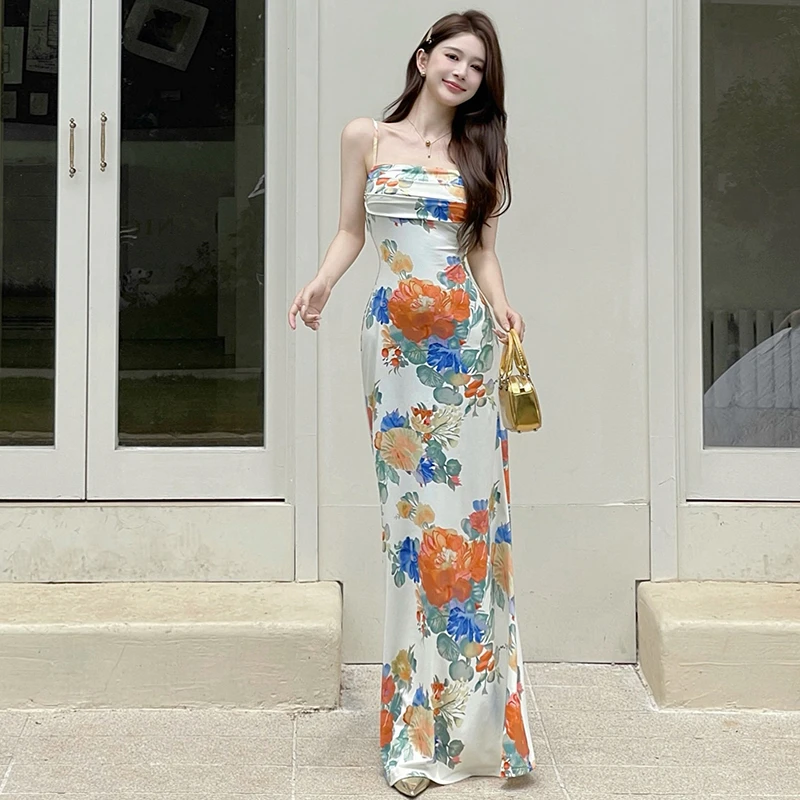 【加州梦境】度假热带印花吊带连衣裙2025新款绑带收腰海边沙滩长裙
